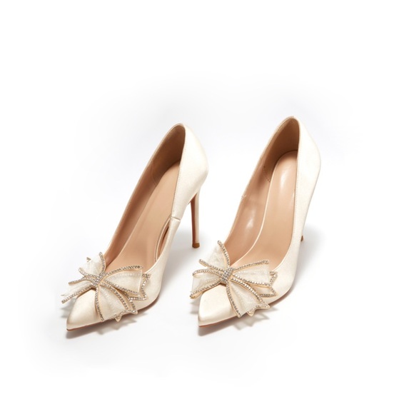 Up2step Shoes - Champagne Satin Crystals Bow Wedding Heels Closed-Toe Stiletto Bridal Shoes